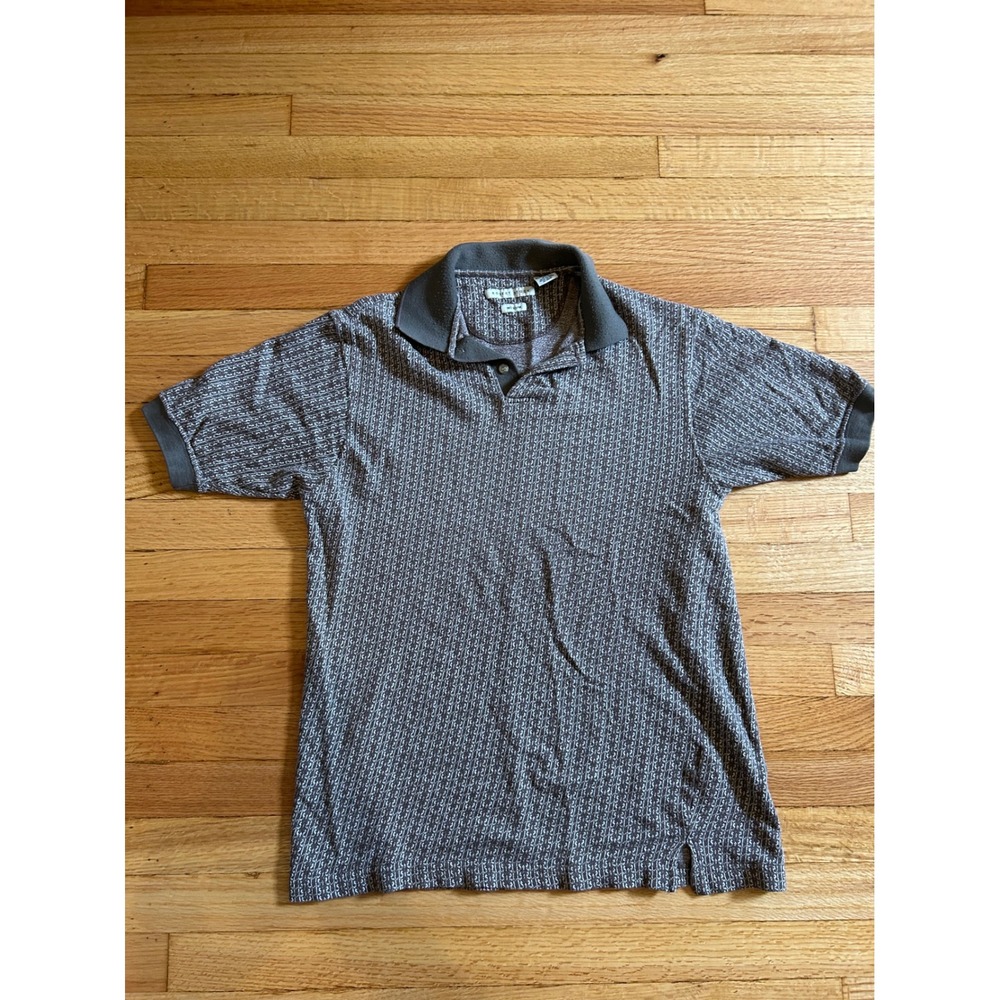 Robert Stock Mens Brown Textured Vertical Pattern Cotton Blend Polo Shirt Medium